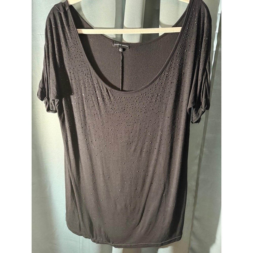 Jonathan Martin Womens XL Black Beaded Scoop Neck Short Sleeve Relaxed Blouse